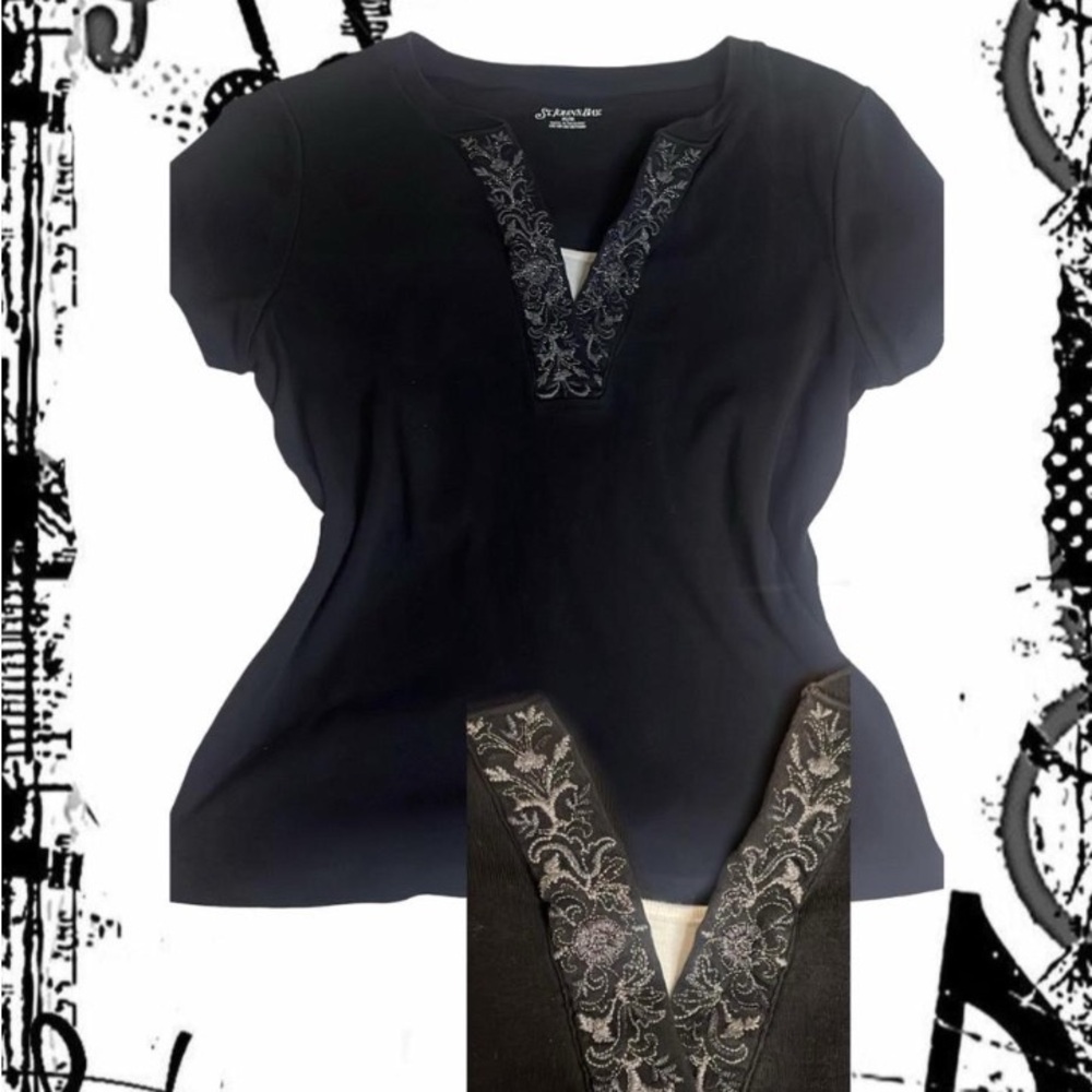 Black Top with Embroidered V-Neck